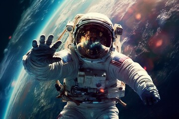 astronaut waving in space walk. Generative AI
