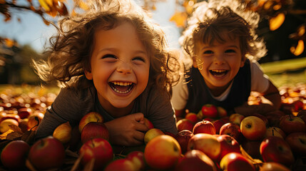brother and sister in front of red apples