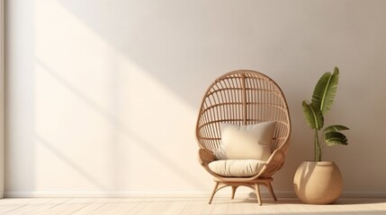 Fototapeta na wymiar Boho Room Wall Mockup. Natural light, wicker armchair, and minimalist charm 