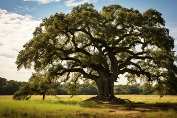 Fototapeta na wymiar An old and powerful oak tree standing tall. Generative AI