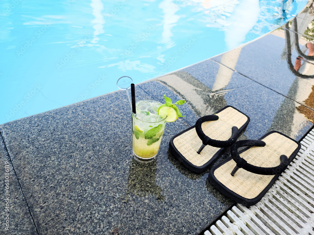 Canvas Prints flip flops by the pool, mojito cocktail