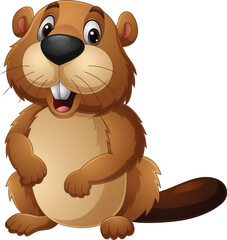 Cartoon happy beaver on white background