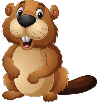 Cartoon happy beaver on white background
