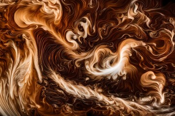 High-resolution capture of swirling milk mixing with coffee, creating intricate and delicate patterns reminiscent of a galaxy.
