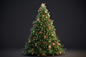 3D illustration of a festive Christmas tree with green fir and decorations. Generative AI