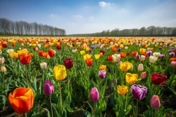 Colorful tulips in a field. Generative AI