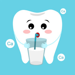 Cute tooth with a glass of milk. Calcium of teeth.