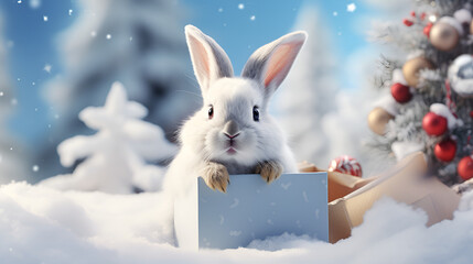  Happy lovely bunny with gift box Christmas on Christmas tree background.Rabbit in the winter forest Christmas background color art generative ai
