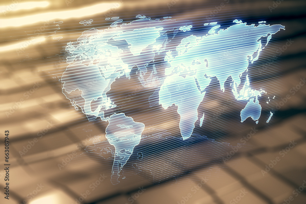 Aufkleber Multi exposure of abstract graphic world map on abstract metal background, big data and networking concept