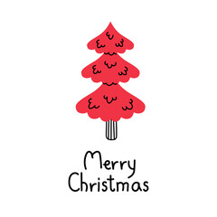 Merry Christmas card with fir. Red Christmas tree with handwritten lettering in doodle style. Holiday concept design. Vector illustration on white background.