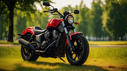 Red and Black Standard Motorcycle on Green Grass Field. generative AI