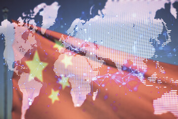 Multi exposure of abstract graphic world map on Chinese flag and sunset sky background, big data and networking concept