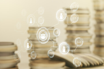 Double exposure of social network icons hologram on growing coins stacks background. Networking concept