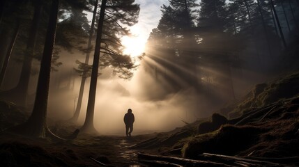people walking in the mistty morning pine forest with ray of light sun light AI Generated illustration image 16:9 - 663089312