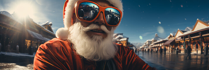 Santa in sunglasses - landscape banner shot - high-end ski resort - vacation -  getaway - holiday  - extreme close-up shot - low angle shot  - obrazy, fototapety, plakaty