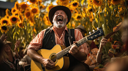 A country singer with a guitar plays in a field - obrazy, fototapety, plakaty