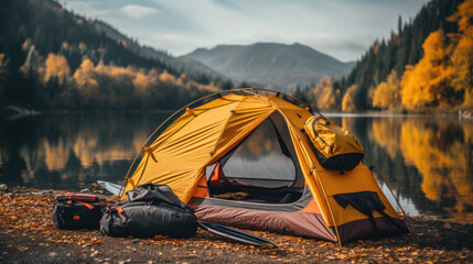 A modern tent in front of a lake in autumn