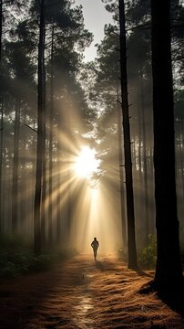 people walking in the mistty morning pine forest with ray of light sun light AI Generated illustration image 9:16