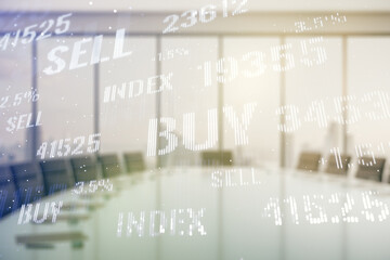 Multi exposure of abstract virtual financial graph hologram on a modern conference room background, forex and investment concept