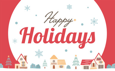 おしゃれなクリスマスやホリデーシーズンのコピースペースのある雪のふる冬の街並み_手描き風ベクターイラストフレーム・背景