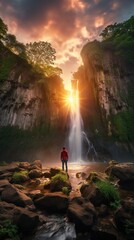 A man standing under a waterfall surrounded by green trees and rocks AI Generated Illustration Image 9:16 - 663090105