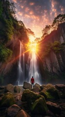 A man standing under a waterfall surrounded by green trees and rocks AI Generated Illustration Image 9:16 - 663090137