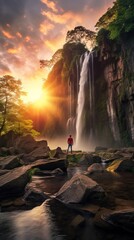 A man standing under a waterfall surrounded by green trees and rocks AI Generated Illustration Image 9:16 - 663090157