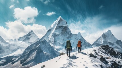 Mountain climbers walk on the ice mountains of Kilimanjaro glacier AI generated illustration image 16:9 - 663090189