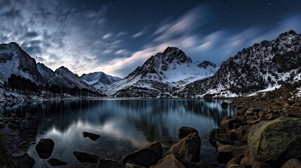 Night sky on the lake with snowy mountain background AI generated illustration image image ratio 16:9 - 663090300