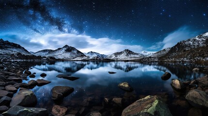 Night sky on the lake with snowy mountain background AI generated illustration image image ratio 16:9 - 663090317