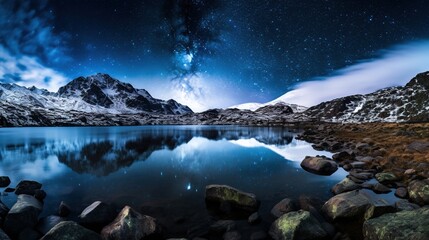 Night sky on the lake with snowy mountain background AI generated illustration image image ratio 16:9 - 663090337