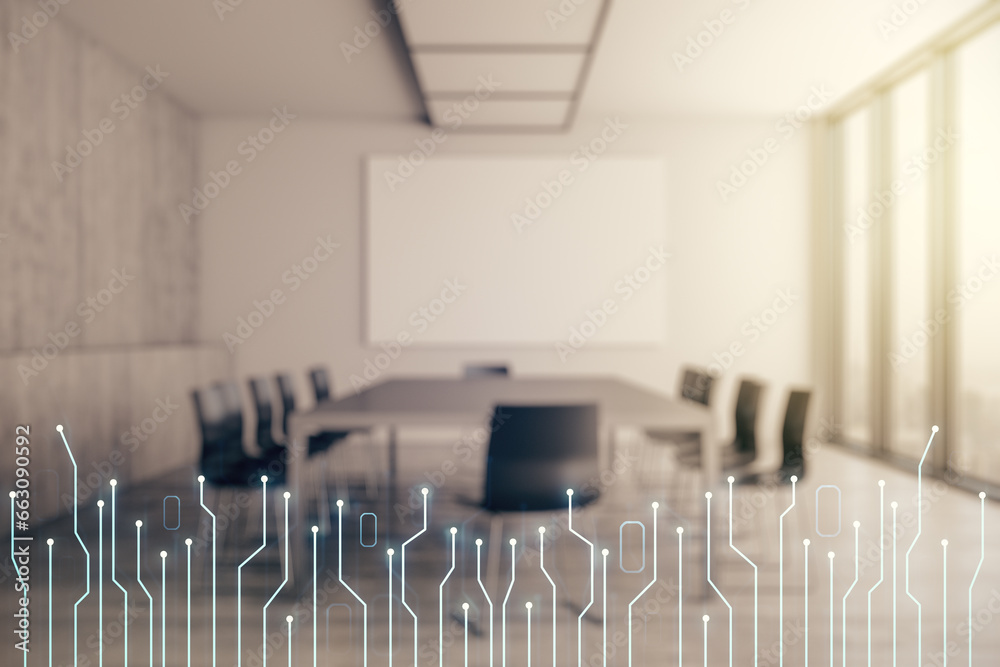 Aufkleber double exposure of abstract virtual circuit hologram on a modern meeting room background. research a