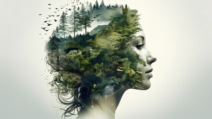 Portrait of young beautiful woman with healthy skin, with green trees made in the double exposure technique. Environmental consciousness