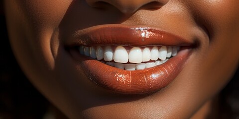 Close up of perfect white african american woman teeth. Big healthy smile