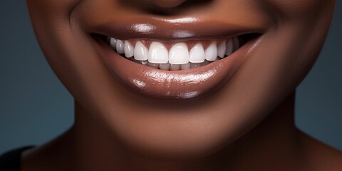 Close up of perfect white african american woman teeth. Big healthy smile
