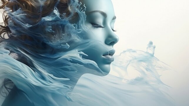 Portrait of young beautiful woman with healthy skin, with blue water waves made in the double exposure technique. Environmental consciousness