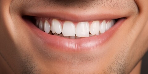 Obraz premium Close up of healthy and white man teeth. Big happy smile