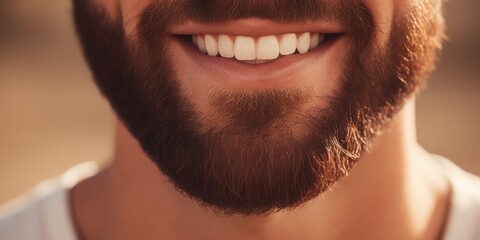 Close up of healthy and white man teeth. Big  happy smile. Man with beard