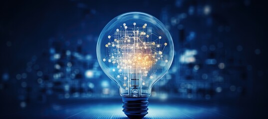 A light bulb with a complex digital network inside against a dark technological background. Artificial intelligence and Innovative technology concept. - Powered by Adobe