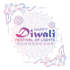 Happy Diwali, festival of lights, Paper Graphic of Indian Rangoli, golden lights, colorful decorative background. Blue magenta background