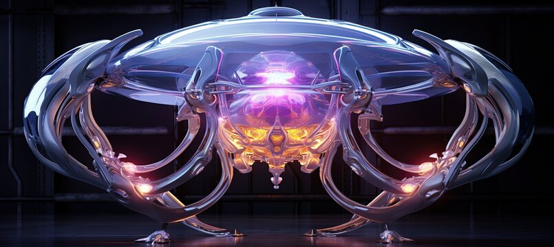 A futuristic object in the form of a sphere with glowing elements, surrounded by metallic structures. Artificial intelligence and Innovative technology concept.