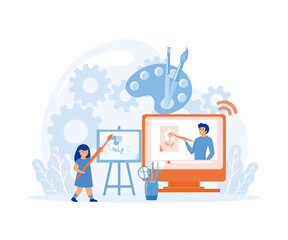 Online art class. E-learning, distance education. Woman art teacher on screen and girl preschooler student with brush. flat vector modern illustration