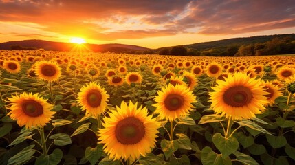 Obraz premium sunflower field at sunset with sky