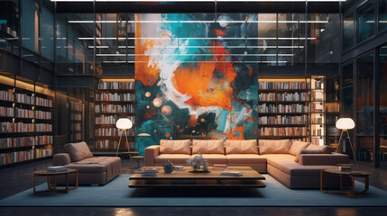 Modern bright book room interiors with art wallpaper.
