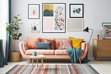 Fototapeta na wymiar Cozy living room with wooden floors, colorful sofa and art print. Generative AI