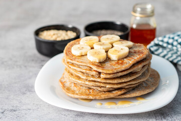 super healthy food "Oatmeal pancakes" with honey and chia seeds. 