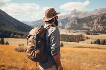Hipster traveler with backpack sitting on top of a mountain and looking at the valley.