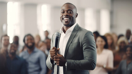 African american businessman giving a speech at conference