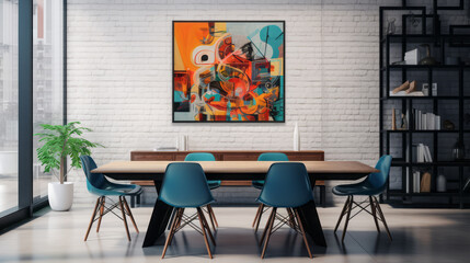 Modern bright dining room interiors with art wallpaper.

