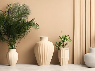 Empty room interior background, beige stucco wall, vases and palm leaf, 3d rendering